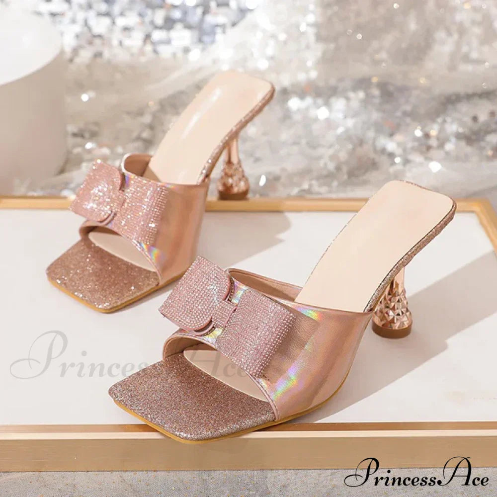 Square Toe Crystal Butterfly-knot Slippers Low Heels Summer Party Low Heel Pump