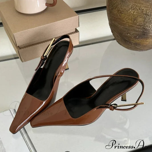 Street Style Sexy Pointed Metal Buckle Strap Slingback Square Toe Low Heel Pump