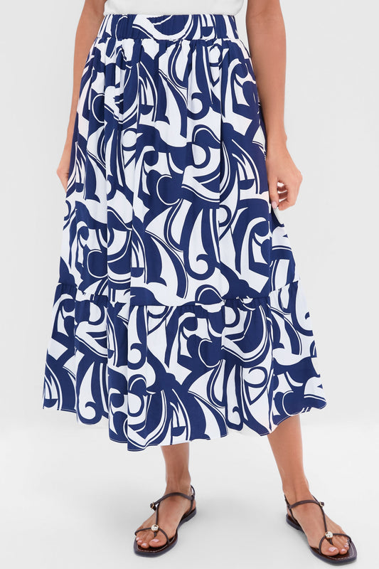 Navy & White Swirl Print Willard Maxi Skirt